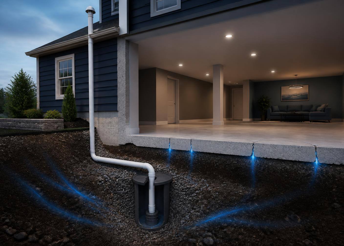 Diagram showing how a mitigation system intercepts soil gas beneath a slab and vents it above the roofline